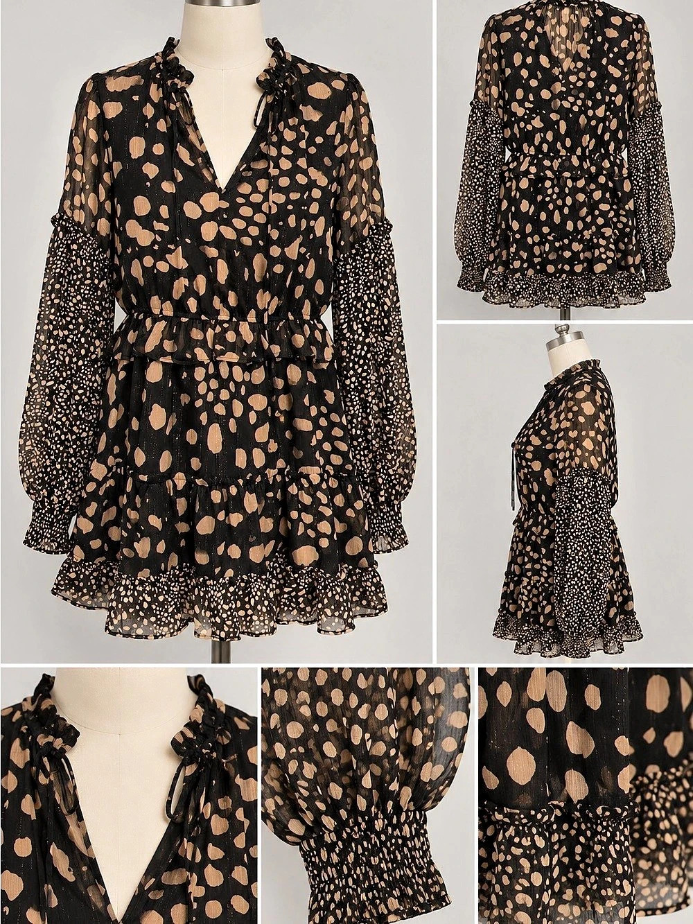 Beivy Black Tan Animal Print Ruffle Mini Dress Size Large NWT